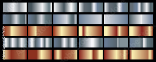 Silver and orange bronze glossy gradient, metal foil texture. Color swatch set. Collection of high quality vector gradients. Shiny metallic background. Design element.