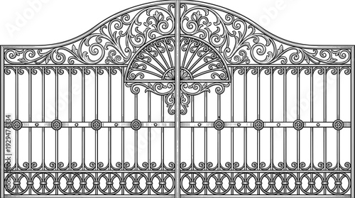 Ornate wrought iron driveway gate, vintage decorative metal fence with floral scrollwork, curved arch, circular accents and intricate Victorian detailing