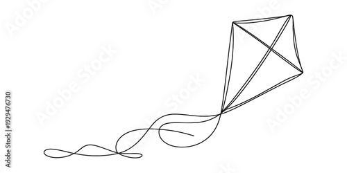 A simple black and white line drawing of a diamond-shaped kite with a long wavy tail. Vector, illustration