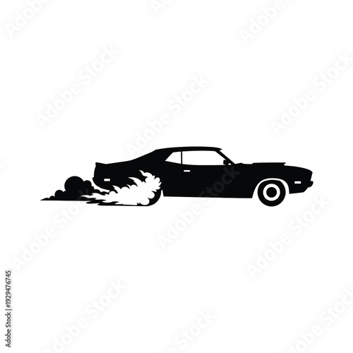 Vintage sports car performing burnout. Automotive racing silhouette. High speed vehicle with smoke clouds from tires.
