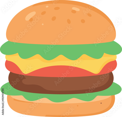 Illustration of a burger with lettuce, tomato, cheese, and a beef patty
