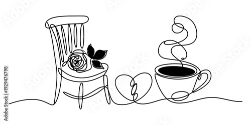 Continuous line drawing featuring a chair with a rose, a heart, and a steaming coffee cup Vector, illustration