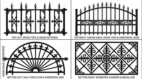 Decorative wrought iron gate designs collection, vintage metal fence panels with spear tops, geometric patterns, curved arch and ornamental scrollwork