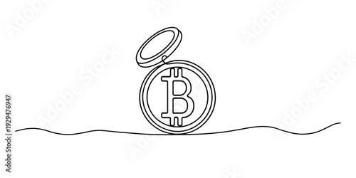 Continuous line drawing of a bitcoin coin with a halo on a white background Vector, illustration