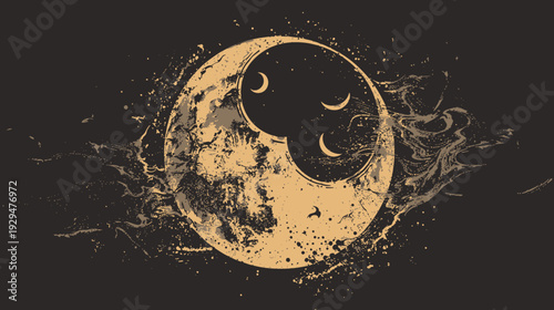 Illustration of a tan moon with crescent moons against a dark background with textured splash effects
