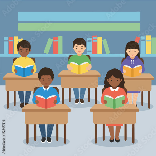 Five diverse children sit at individual desks in a classroom or library, happily engaged in reading colorful books, with bookshelves in the background.