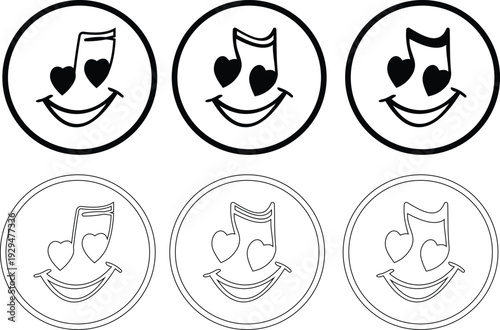 This black musical note with heart icon set features a clean and modern silhouette element that beautifully combines the universal symbol of music with a heart shape representing passion and emotion.