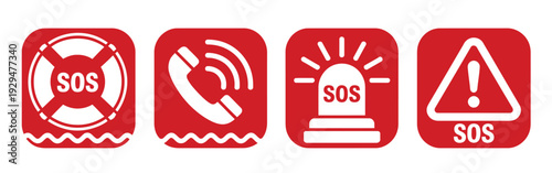 Emergency help vector icon pack, SOS symbols, alert and assistance icons for safety, rescue services, medical response, and urgent support design projects.