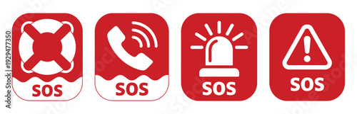 SOS icon collection, emergency help, assistance, alert, and urgent support vector illustrations for medical, safety, rescue, and public service creative projects.