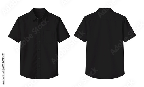Fotografie Black Short Sleeve Collared Shirt with Chest Pocket, Front and Back Views, Isola