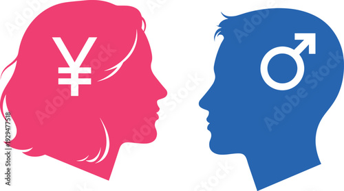 Side profile silhouettes of a man and woman with yen currency and male gender symbols representing financial planning relationship dynamics and gender wealth gap