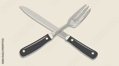 Silver fork and knife with dark handles, crossed against a beige background