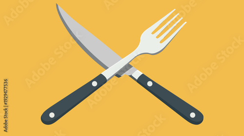 Crossed fork and knife with gray handles on a flat yellow background, minimal art style