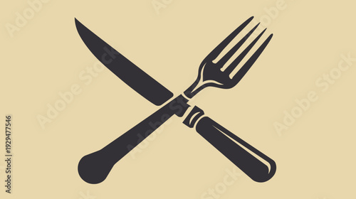 Cross-section of dark knife and fork on a beige background, simple and elegant
