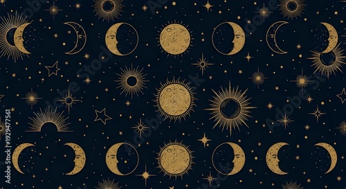 Seamless Celestial Pattern with Gold Moon Phases and Mystic Zodiac Stars