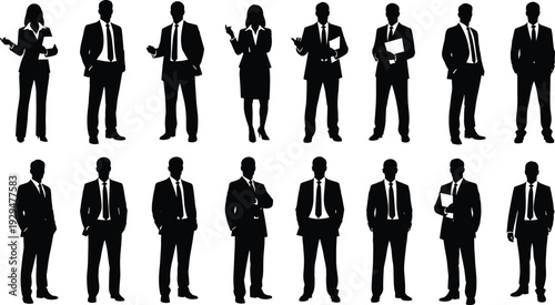 Large collection of professional business person silhouettes in formal suits standing in various poses for corporate presentation teamwork leadership and career growth concepts
