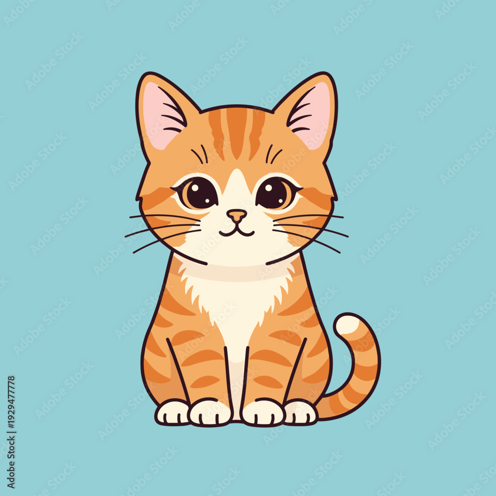 Fototapeta premium A cute cartoon ginger cat with orange stripes and white chest, sitting and looking forward with big friendly eyes on a light blue background.
