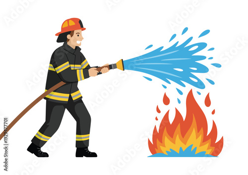 Firefighter wearing protective gear, spraying water from hose to extinguish flames, fire safety and emergency response vector illustration.