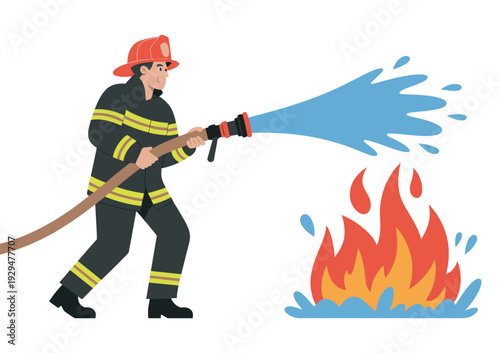 Firefighter wearing protective gear, spraying water from hose to extinguish flames, fire safety and emergency response vector illustration.