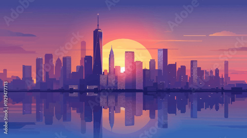 A vibrant cityscape silhouette is reflected in calm water at sunset with a pink sky