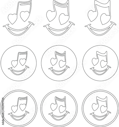 This black musical note with heart icon set features a clean and modern silhouette element that beautifully combines the universal symbol of music with a heart shape representing passion and emotion.