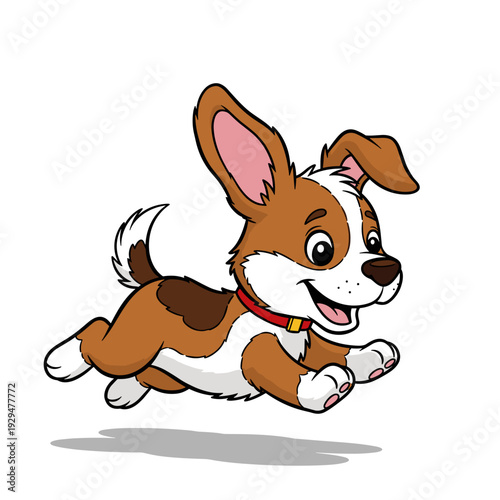 Happy animated brown and white puppy with floppy ears and a red collar running playfully.