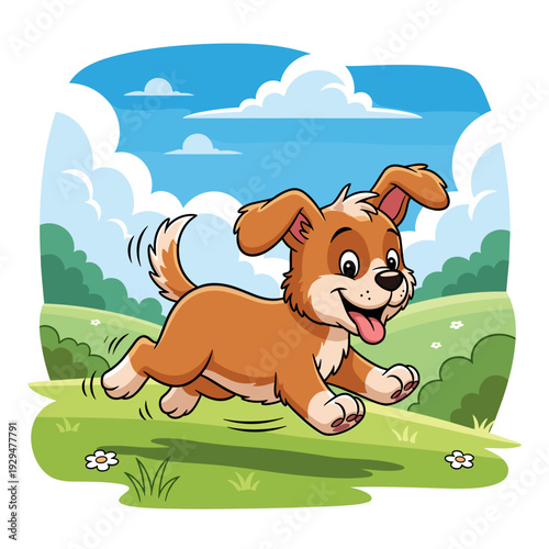 A happy cartoon puppy with brown and white fur running playfully through a green grassy field under a blue sky with fluffy clouds.