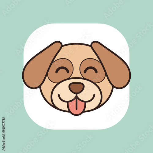 Cute cartoon dog face with closed eyes and tongue out, expressing happiness on a light green background.