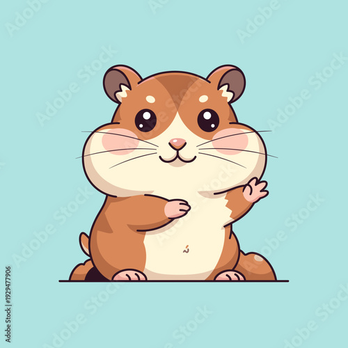 A cute cartoon brown and white hamster with rosy cheeks and big eyes, smiling and waving, on a light blue background.