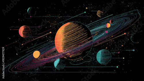 Artistic depiction of colorful planets and rings against a black starry background