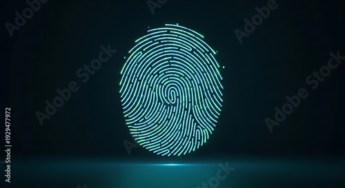 A glowing abstract fingerprint composed of bright turquoise lines on a dark background