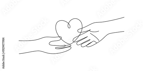 Minimalist sketch of two hands coming together to cradle a heart symbolizing compassion. Vector, illustration