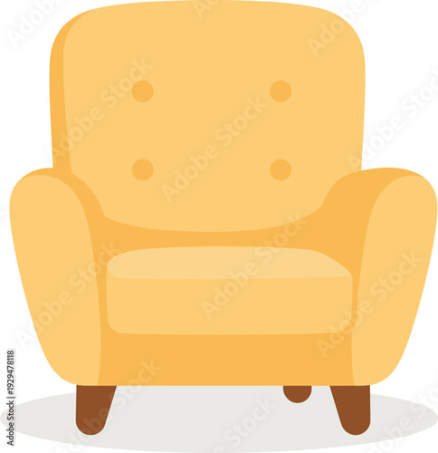 Comfortable yellow armchair with cushioned seat and back isolated on white