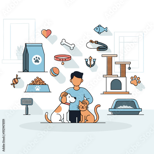 Flat design illustration of a person with a dog and a cat, surrounded by various pet care supplies and accessories like food, toys, and grooming tools.