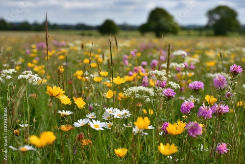 A vibrant meadow filled with colorful wildflowers, creating a picturesque scene. The wildflowers include daisies, yellow blooms, and pink flowers in focus