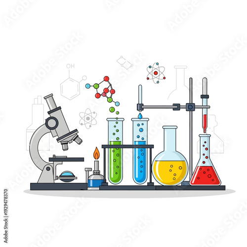 Science Laboratory Equipment: Microscope, Test Tubes, Flasks, Burner, Molecules