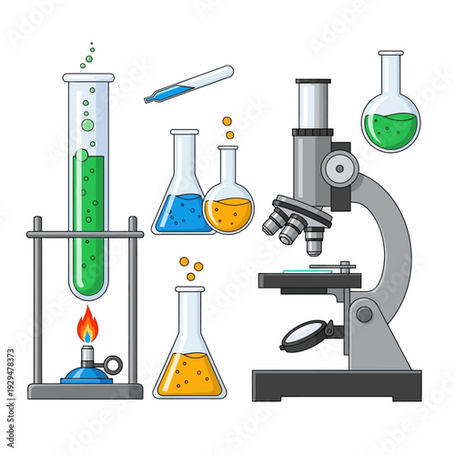Science Laboratory Equipment: Microscope, Beakers, Test Tubes, and Bunsen Burner