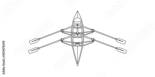 Technical schematic drawing of a double scull rowing boat with oars from a top-down perspective. Vector, illustration
