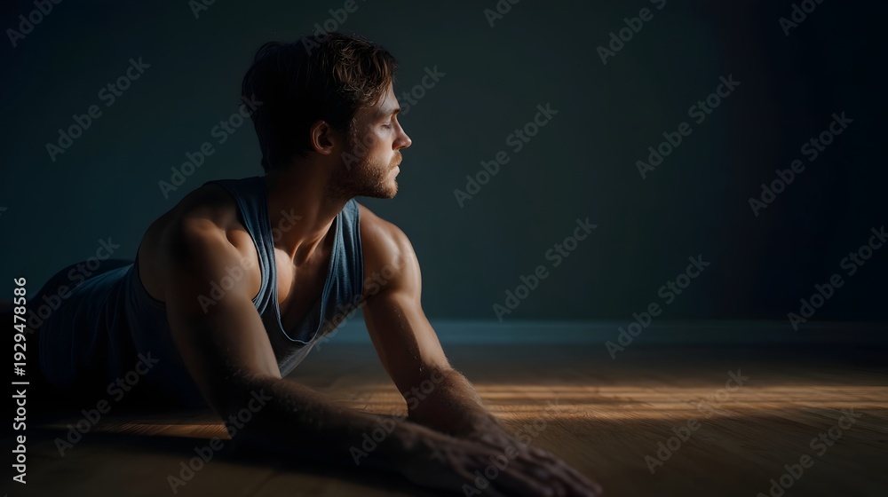 Obraz premium A man in a dramatic yoga pose stretching on a wooden floor with strong side lighting and shadows