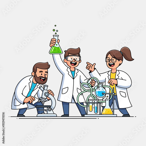 Happy scientists in lab coats experimenting with colorful liquids and equipment