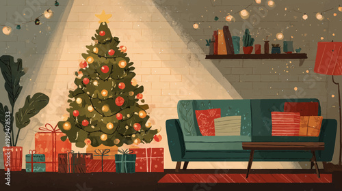 Festive illustration of a cozy living room with gifts, tree, and soft lighting