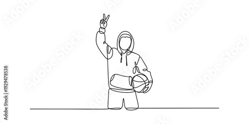 Continuous line drawing of a person in a hoodie holding a basketball and making a peace sign Vector, illustration