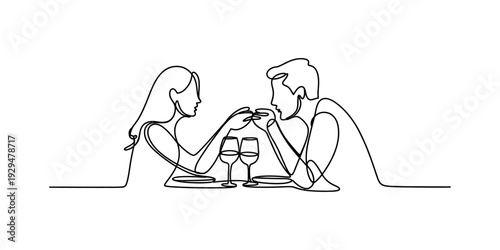 Continuous line drawing of a romantic couple holding hands during a dinner date with wine. Vector, illustration
