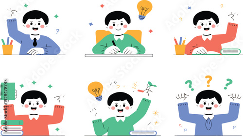 Cute School Boy Character Set Raising Hand Thinking and Learning with Books and Ideas Cartoon Vector Illustration