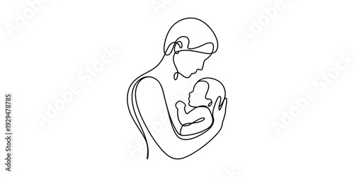 Continuous line drawing of a mother tenderly holding her newborn baby in her arms Vector, illustration