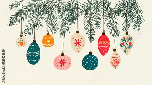 Illustration of evergreen branches adorned with festive ornaments on a creamy background