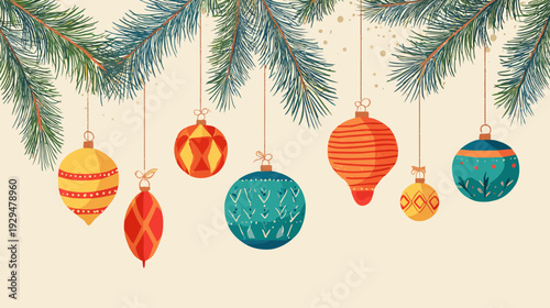 Christmas pine boughs and colorful ornaments hang against a cream-colored backdrop