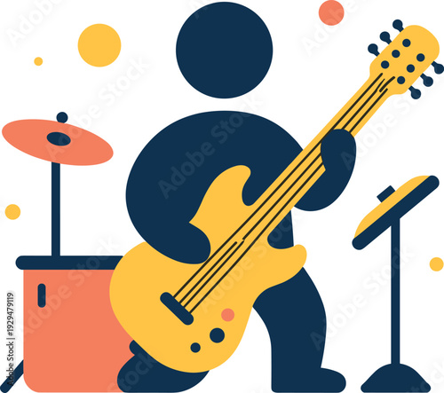Silhouette musician plays electric guitar next to drums and musical instrument stand