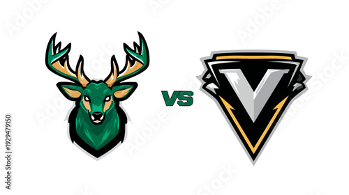 Graphic with a deer head facing left and a shield with a "V" on the right