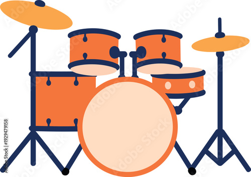 Illustration of a drum kit with an orange finish and navy hardware on white background